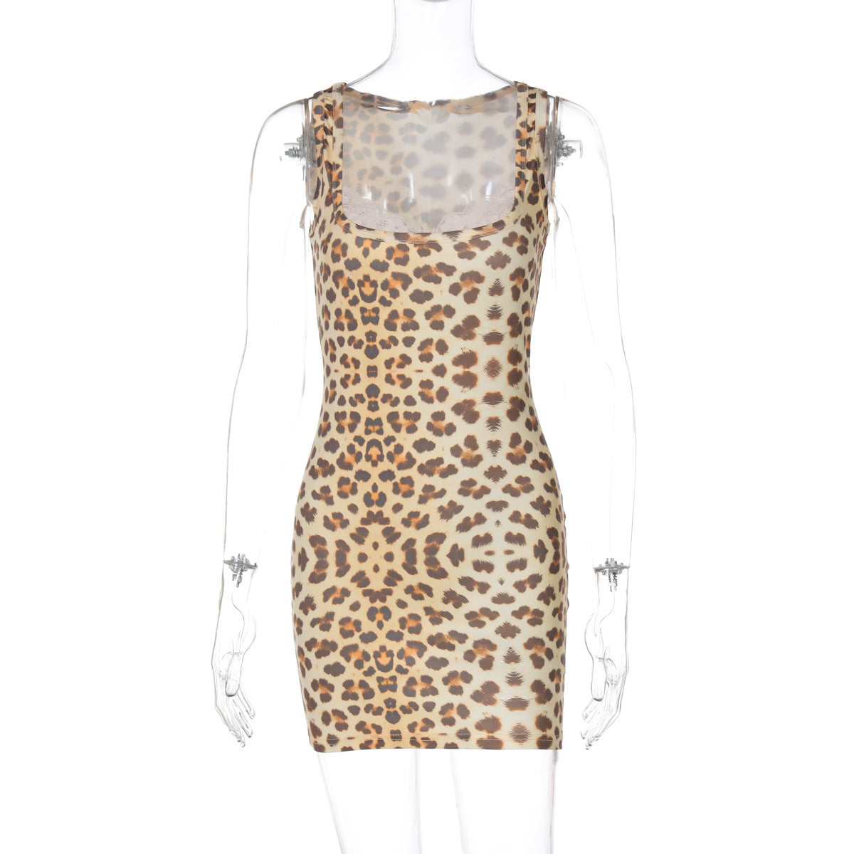 Vestido feminino estreito, elegante e sexy com estampado de leopardo e decote quadrado, decote quadrado, decote quadrado e decote quadrado, estilo INS europeu e americano