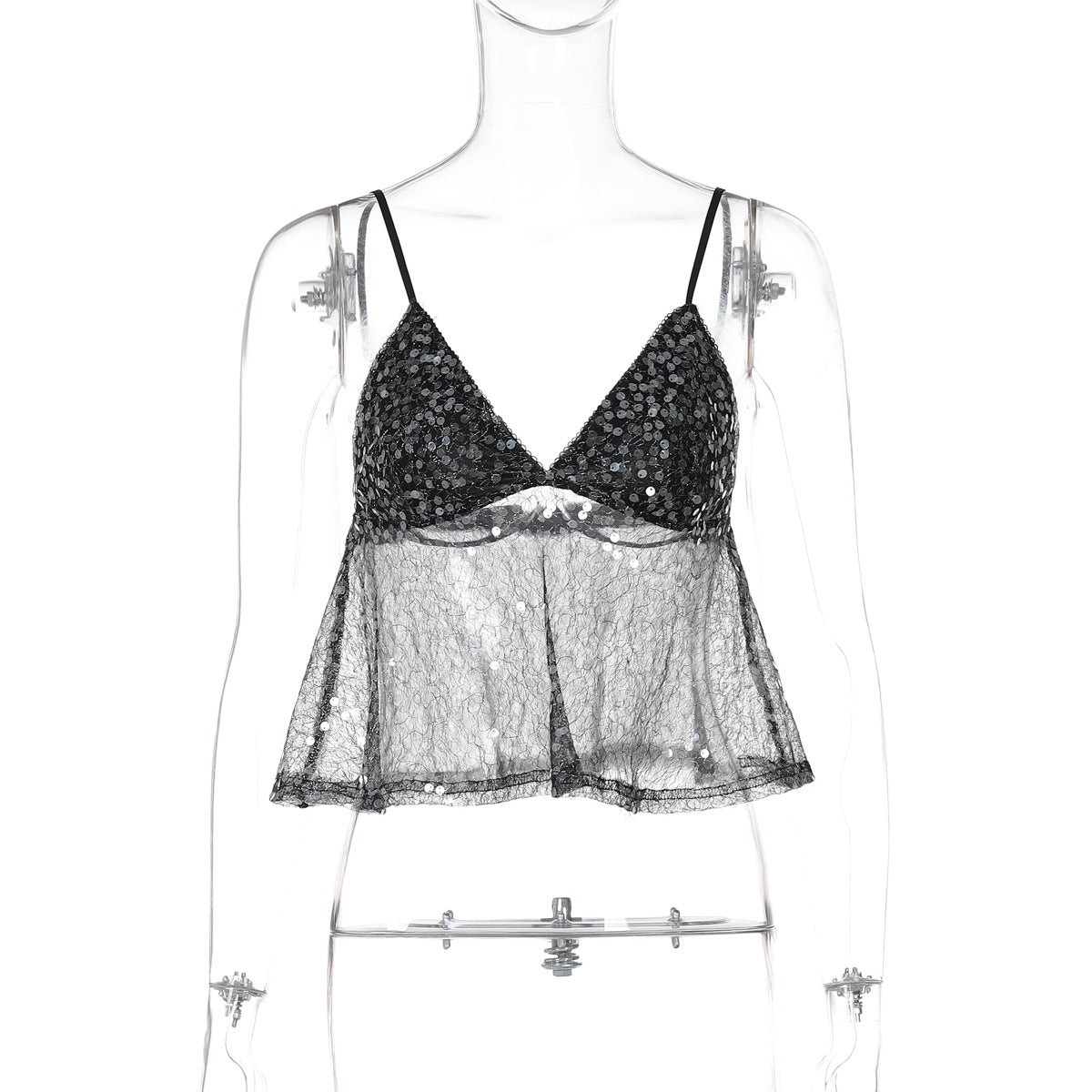 Moda INS europeia e americana com um novo conjunto de rapariga atraente, patchwork sexy para o peito, lantejoulas de rede, camisola corta e dropshipping