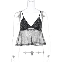 Moda INS europeia e americana com um novo conjunto de rapariga atraente, patchwork sexy para o peito, lantejoulas de rede, camisola corta e dropshipping