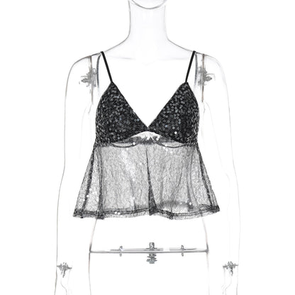Moda INS europeia e americana com um novo conjunto de rapariga atraente, patchwork sexy para o peito, lantejoulas de rede, camisola corta e dropshipping
