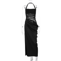Vestido de retalhos sexy transfronteiriço europeu e americano, justo, sem costas, de cor sólida, que revela a cintura, vestido comprido elegante para mulheres