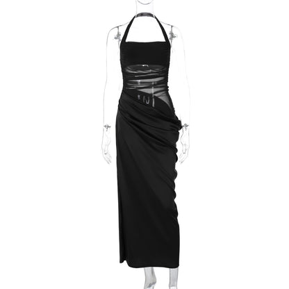 Vestido de retalhos sexy transfronteiriço europeu e americano, justo, sem costas, de cor sólida, que revela a cintura, vestido comprido elegante para mulheres