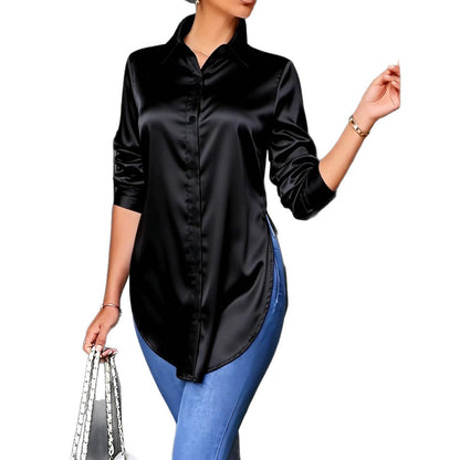 AliExpress 2026 Bestseller Europeu e Americano Transfronteiriço: Camisa minimalista e irregular de manga comprida de quatro estações em cetim