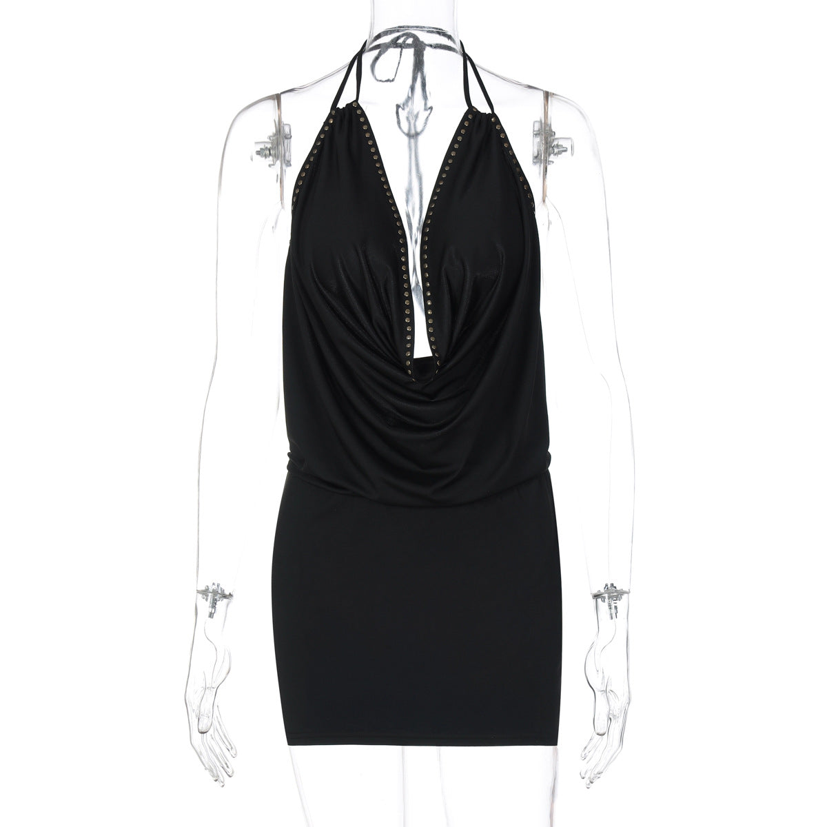 Verão 2026 Novo Vestido Sexy em V Profundo Rebitado, Estilo de Rua, com Cintura Nua, Estilo Halter com Envolvimento nas Ancas para Mulheres