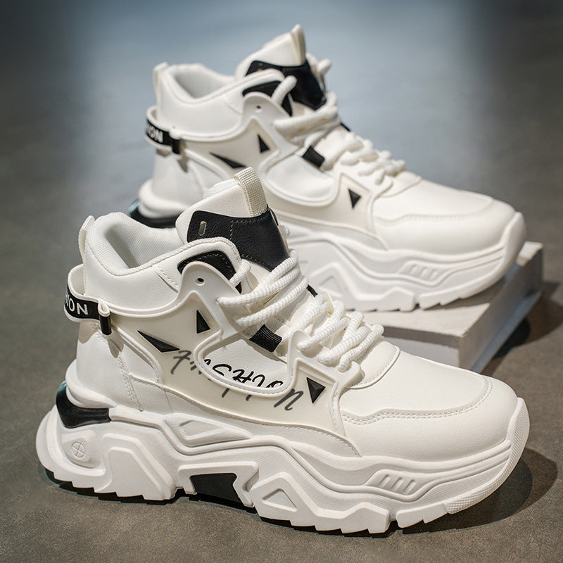 Sapatos masculinos de cano alto 2025 nova marca de outono na moda, ténis desportivos casuais versáteis, ténis brancos de pai com sola grossa e aumento de altura