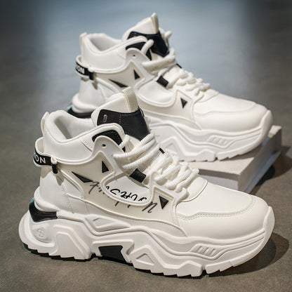 Sapatos masculinos de cano alto 2025 nova marca de outono na moda, ténis desportivos casuais versáteis, ténis brancos de pai com sola grossa e aumento de altura