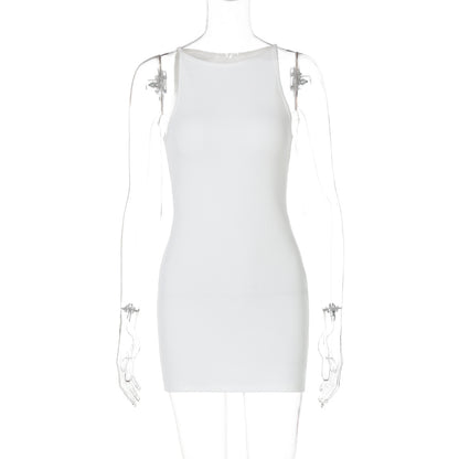 Moda feminina europeia e americana 2026 verão nova moda casual de cor sólida decote redondo, sem mangas, vestido curto versátil versátil para exportação por grosso
