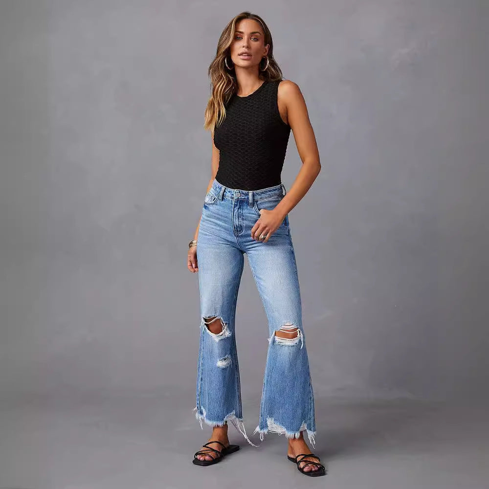 2025 Novas calças de perna larga transfronteiriças, jeans de cintura alta rasgados em tie-dye lavados com borlas, calças compridas casuais de perna direita para mulheres