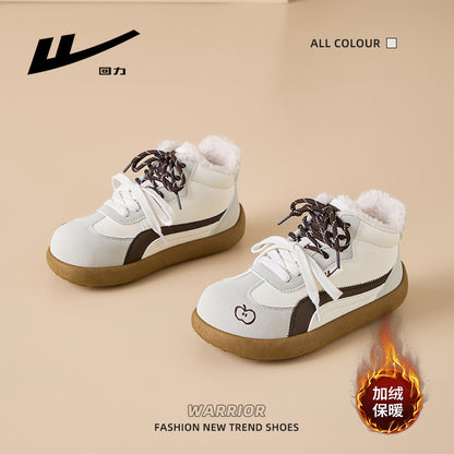 Os novos sapatos de treino moral de topo médio e alto da Warrior, sapatos quentes versáteis e da moda com blocos de cor, sapatos femininos de inverno com forro de polar duplo com laceta