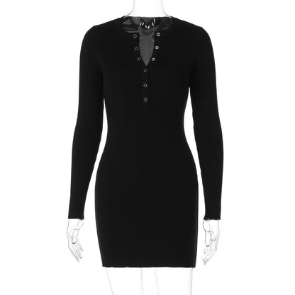 Vestido de lã de manga curta de manga longa de manga longa de 2025 para mulheres europeias e americanas, nova moda de cor sólida, temperamento sexy em V profundo
