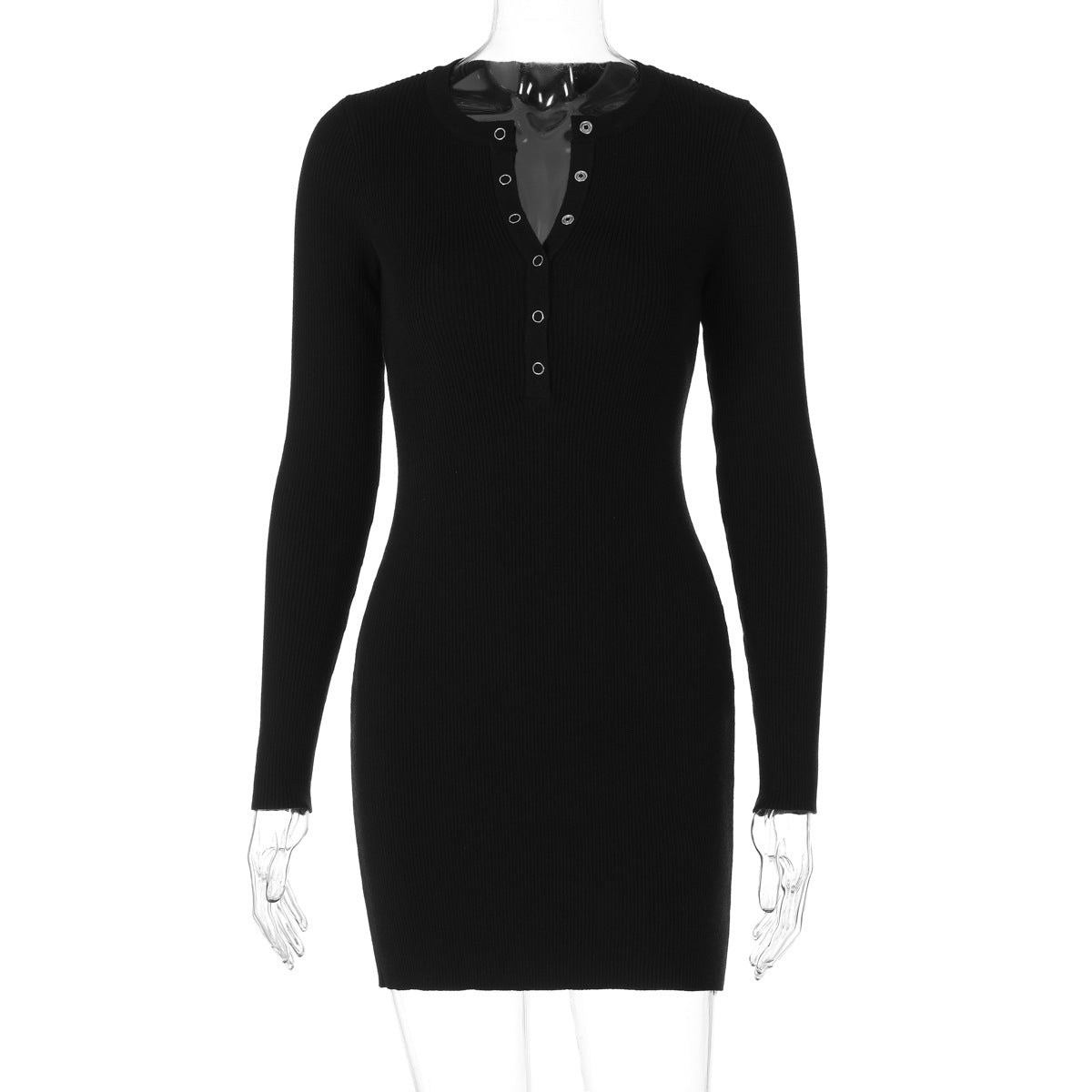 Vestido de lã de manga curta de manga longa de manga longa de 2025 para mulheres europeias e americanas, nova moda de cor sólida, temperamento sexy em V profundo