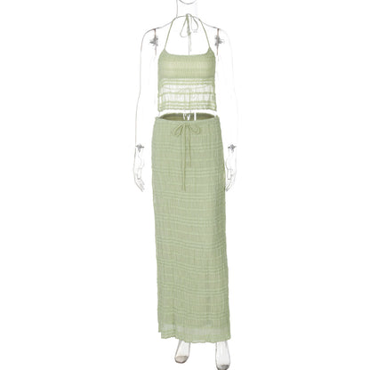 Moda de Verão Francesa 2026 Novo Conjunto de Vestido Longo Slim de Estilo Europeu e Americano de Decote Halter, Corpo Sem Costas, Ajustado Elegante Estilo Europeu e Americano