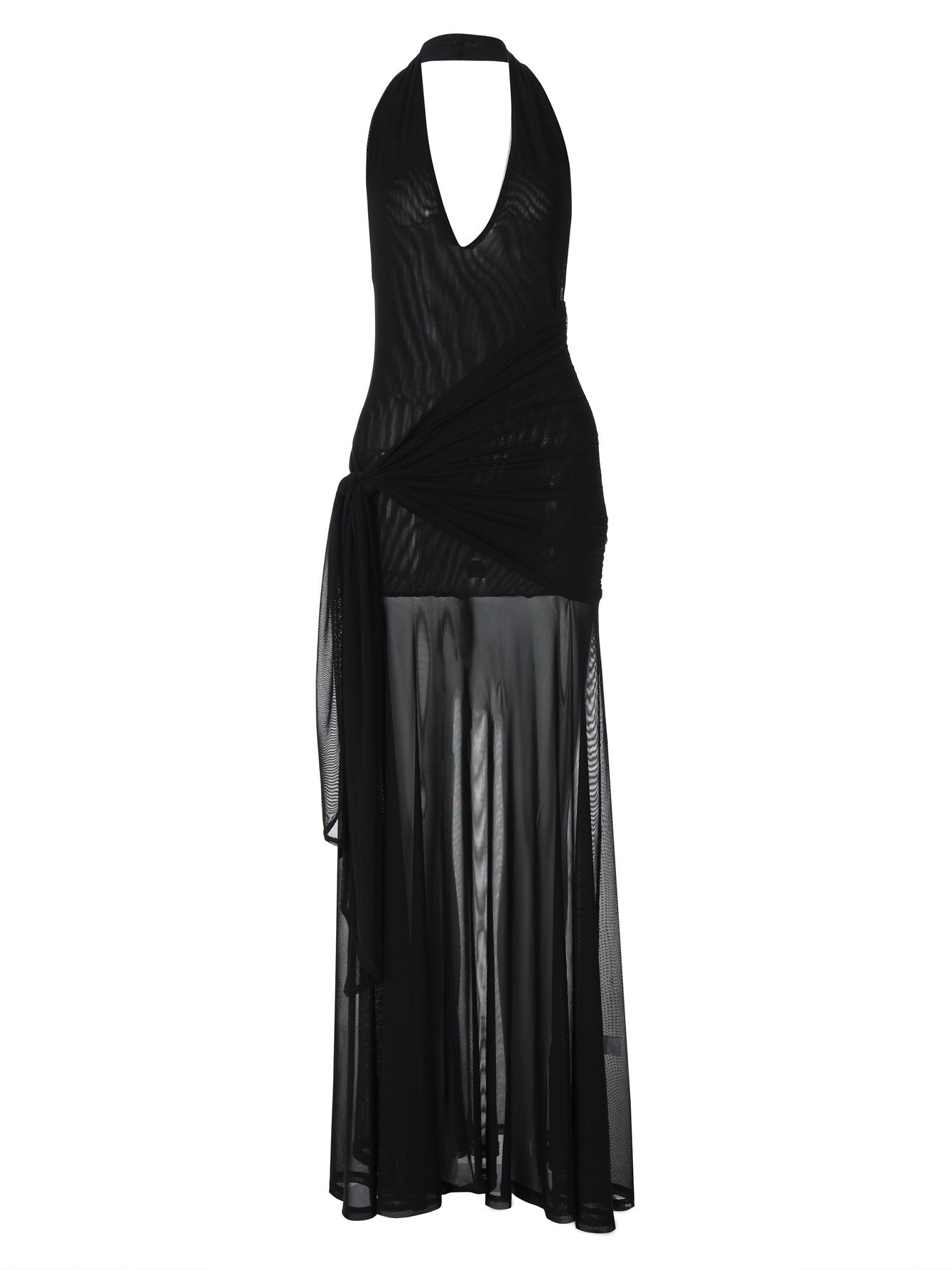 Moda feminina europeia e americana, vestido moderno oco em V profundo em retalhos, saia lateral com laço de cintura e laço para mulheres