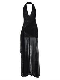 Moda feminina europeia e americana, vestido moderno oco em V profundo em retalhos, saia lateral com laço de cintura e laço para mulheres