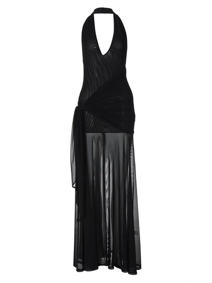 Moda feminina europeia e americana, vestido moderno oco em V profundo em retalhos, saia lateral com laço de cintura e laço para mulheres
