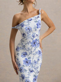 Vestido longo longo estampado com estampas florais femininas transfronteiriças da Amazon, com estampado de um ombro torcido, para exportação por grosso
