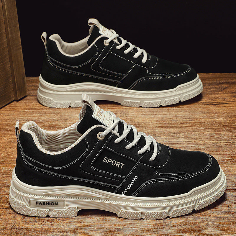 Sapatos de Outono Masculinos Respiráveis 2025 Novos Sapatos Casual Versáteis Calças de Trabalho de Topo Baixo com Sola Grossa Botas Martin de Couro para Homens