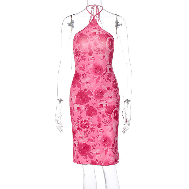Vestidos estampados com estampados de estilo europeu e americano de verão 2026, moda feminina com estampados de halter e soutien, Amazon por grosso