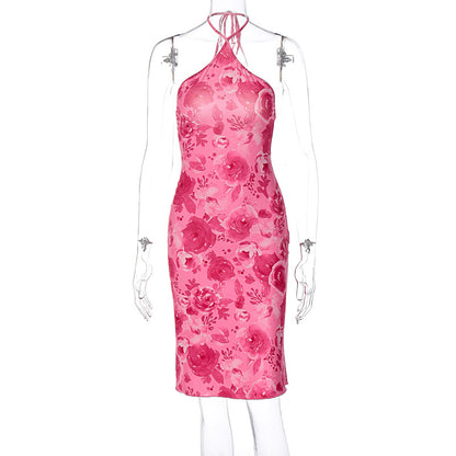 Vestidos estampados com estampados de estilo europeu e americano de verão 2026, moda feminina com estampados de halter e soutien, Amazon por grosso