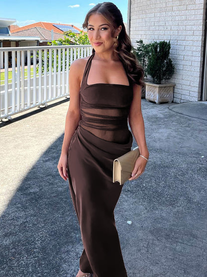 Vestido de retalhos sexy transfronteiriço europeu e americano, justo, sem costas, de cor sólida, que revela a cintura, vestido comprido elegante para mulheres