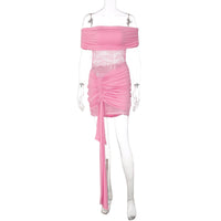 Vestido de renda bestseller europeu e americano, patchwork sexy sem alças com ombros descobertos, saia curta transparente com alças justas para mulheres