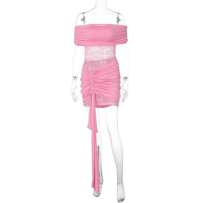Vestido de renda bestseller europeu e americano, patchwork sexy sem alças com ombros descobertos, saia curta transparente com alças justas para mulheres
