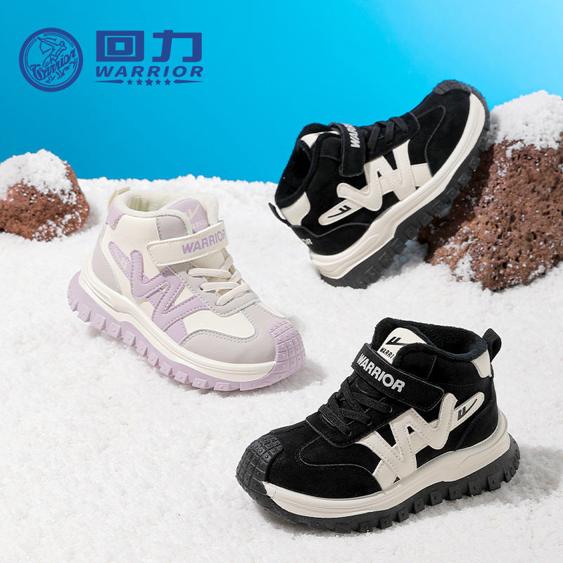 Sapatos versáteis de algodão color-block da Warrior Fashion, velcro infantil, sapatos desportivos casuais fáceis de deslizar, sapatos quentes forrados a lã