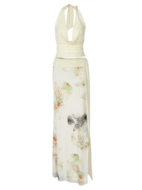 Conjunto de vestido comprido na moda feminino europeu e americano com gola cruzada, sutiã sem costas, corte justo, vestido comprido com estampado em rede e fenda