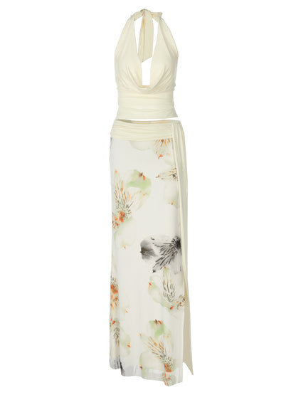 Conjunto de vestido comprido na moda feminino europeu e americano com gola cruzada, sutiã sem costas, corte justo, vestido comprido com estampado em rede e fenda