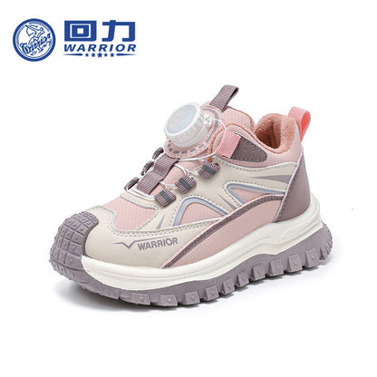 Ténis desportivos de criança com topo de pele Warrior Knob, sapatos de algodão quentes forrados a polar com blocos de cor e molés, fáceis de calçar e tirar, sapatos de inverno