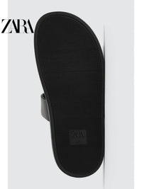 ZARA 2026 Primavera/Verão Novos Sapatos Masculinos Sandálias Rasteiras de Praia em Couro Preto com Tiras 2710720 800