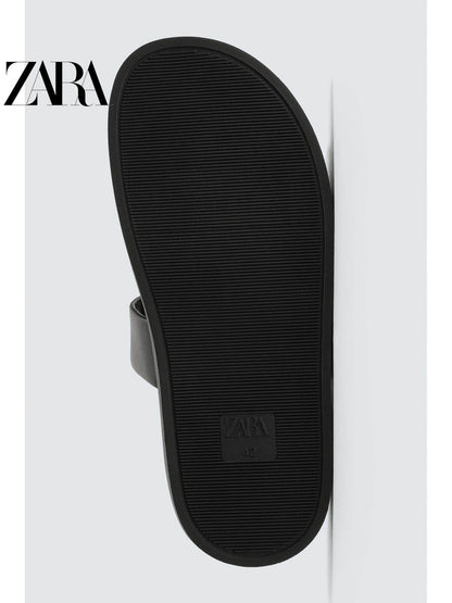 ZARA 2026 Primavera/Verão Novos Sapatos Masculinos Sandálias Rasteiras de Praia em Couro Preto com Tiras 2710720 800