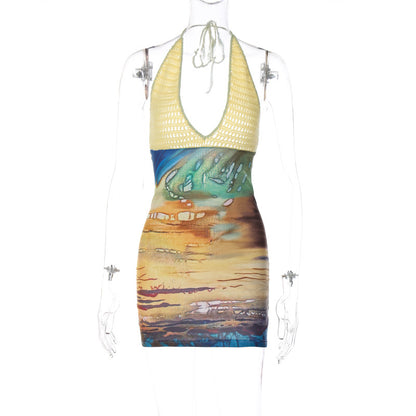 Comércio Externo Europeu e Americano 2026 Verão 2026 Novo vestido sexy de retalhos estampados em tricô com decote halter profundo em V e decote justo à anca para mulheres
