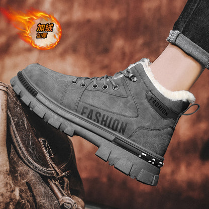 Botas de neve masculinas, botas de algodão espessas forradas a polar para o inverno 2025, sapatos masculinos resistentes ao frio, sapatos quentes de algodão, botas Martin masculinas