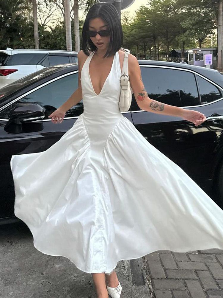 Vestido elegante e elegante para mulheres, vestido bestseller cross-fronteiriço da Amazon, de cor sólida, sexy com decote oco oco em V profundo