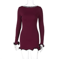 Saia curta justa e sexy, vestido com folhos, vestido de malha com borda enrolada, vestido feminino de verão de manga longa de cor sólida para exportação europeu e americano
