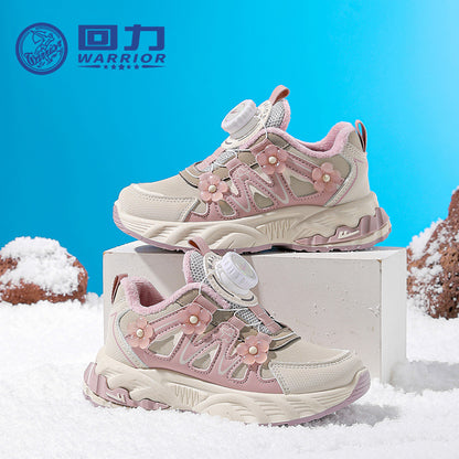 Ténis desportivos infantis com botão de bloco de cor Warrior, sapatos quentes de algodão forrados a polar de inverno, sapatos de viagem para exterior