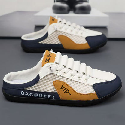 Chinelos semi-dedos fechados para homens, sandálias de rede de salto respiráveis para o verão, roupa exterior masculina, sandálias casuais de praia antiderrapantes para condução