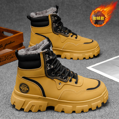 Botas de neve masculinas, sapatos de algodão do Nordeste, forrados em polar de inverno, quentes e espessos, em pele e pele integraram botas de algodão Martin resistentes ao frio e resistentes ao frio