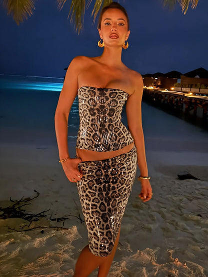 Conjunto de bestsellers transfronteiriços da Amazon, gravata de retalhos com padrão de leopardo da moda, corte sem alças e sem alças, saia de lantejoulas ajustada ao quadril de comprimento médio para mulheres