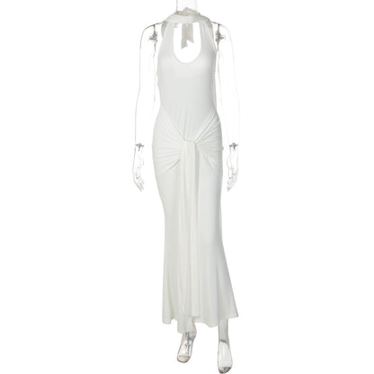 Amazon Vestido de fita que aperta a cintura de cor sólida, elegante, versátil e de gola longa com gola alta, sem costas para mulheres
