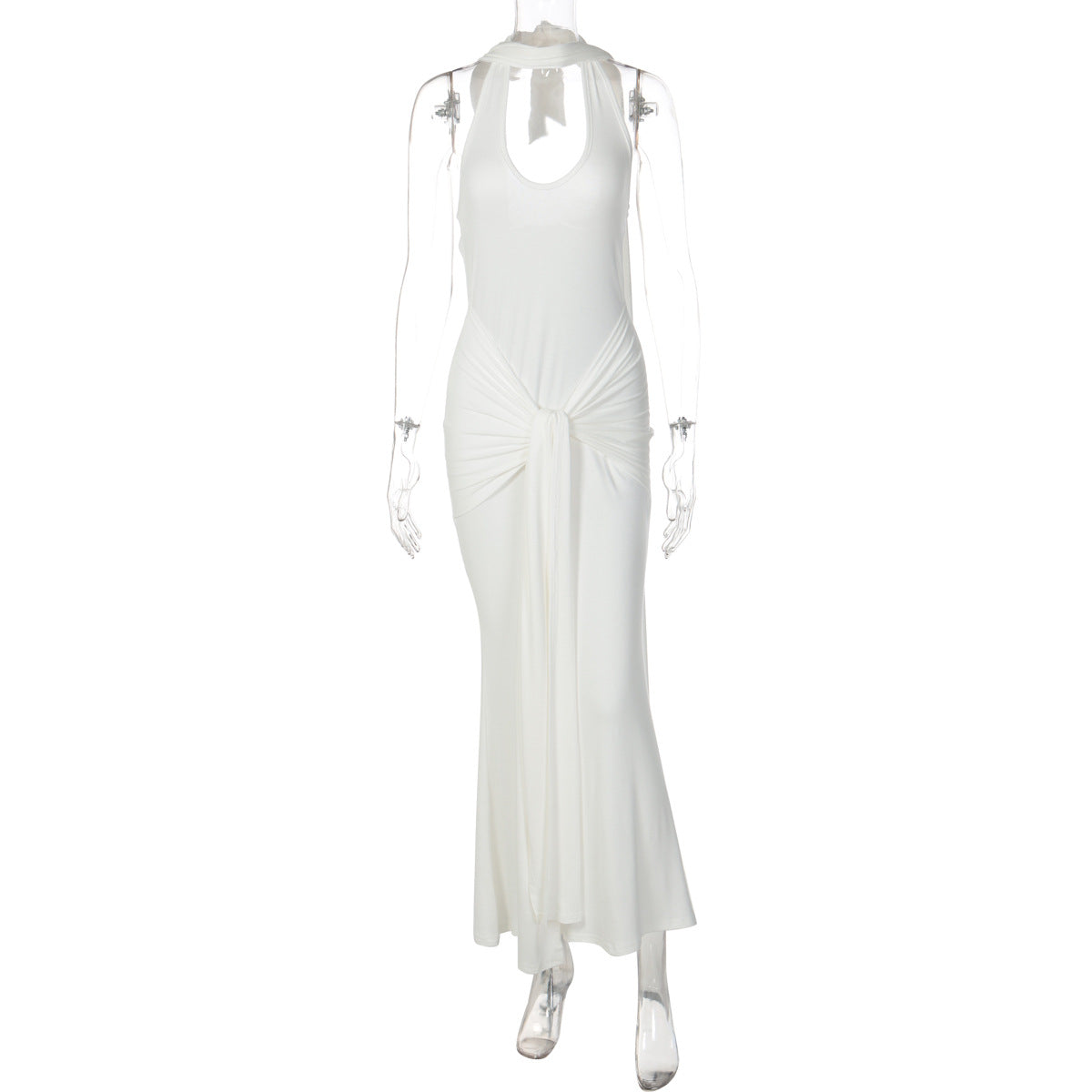 Amazon Vestido de fita que aperta a cintura de cor sólida, elegante, versátil e de gola longa com gola alta, sem costas para mulheres