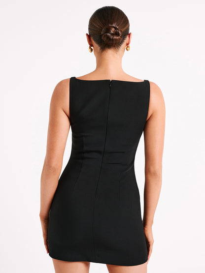 Vestido fino de verão 2025, de cor sólida, de cor sólida e de duas camadas, de cor sólida para mulheres europeias e americanas, sem mangas e fecho nas costas, com fecho nas costas