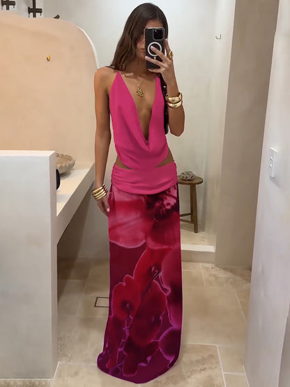 2026, verão europeu e americano, novo conjunto de vestido longo estampado com gola sling e gola sling sem costas, sexy de malha fina, estampado para mulheres