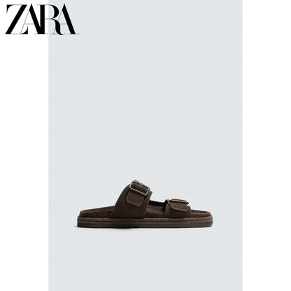 Sandálias masculinas de couro com duas tiras, lançamento da coleção verão 2026 da ZARA (código: 2738720 721).