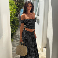 Conjunto de vestido longo para mulheres europeias e americanas de moda laço de bolinhas com laço longo de moda elegante de moda laço de bolinhas