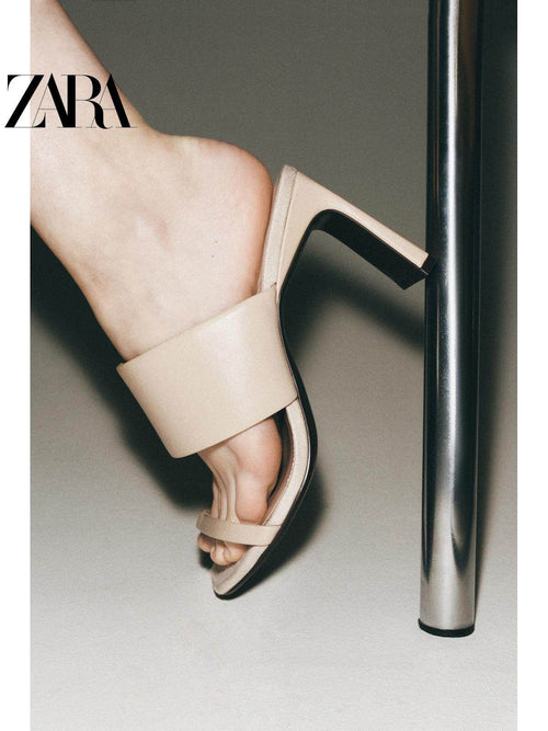 Sandálias mules de couro com salto alto e bico quadrado para mulheres, lançamento da coleção verão 2026 da ZARA (código: 1374710 002).