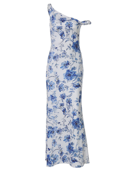 Vestido longo longo estampado com estampas florais femininas transfronteiriças da Amazon, com estampado de um ombro torcido, para exportação por grosso
