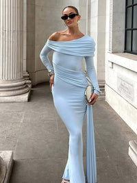 Verão 2026 Novo vestido feminino feminino transfronteiriço elegante de cor sólida com decote diagonal, envolvimento nas ancas, fita para emagrecer para mulheres