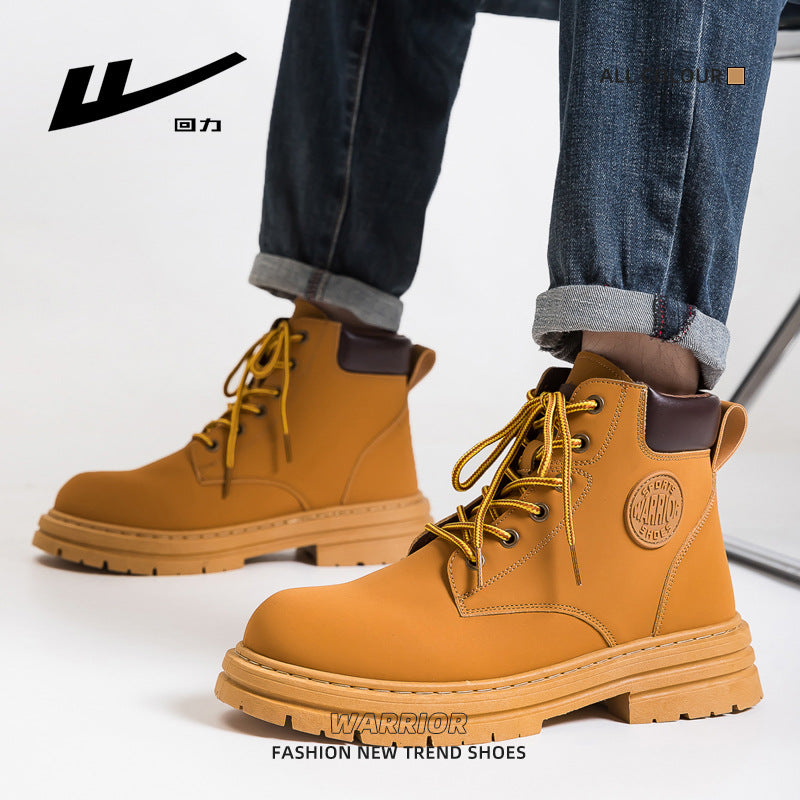 Warrior, cor sólida, botas Martin simples de cano alto, casal neutro para casal, botas amarelas grandes e com atacadores, sapatos unissexo versáteis com atacadores